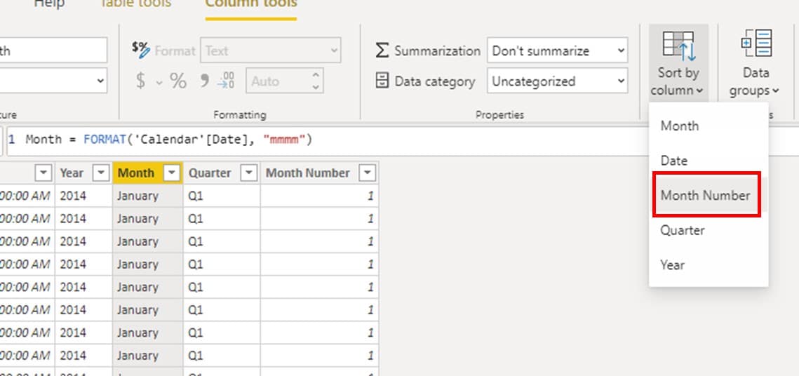 Sort by Month Number in power bi