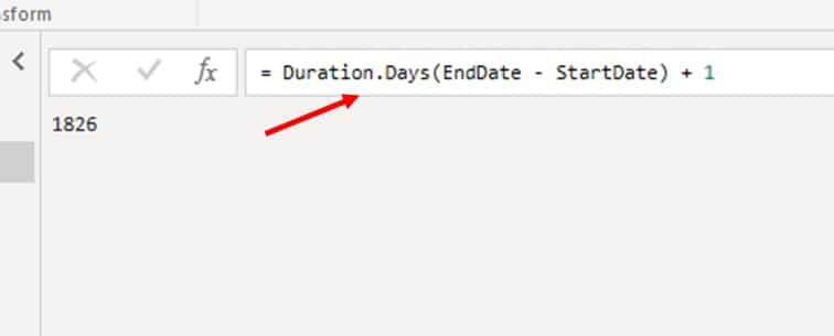  right click newly created EndDate, ‘insert new step’ and enter the formula; = Duration.Days(EndDate - StartDate) + 1