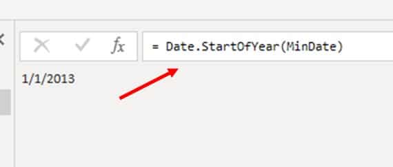Right click MaxDate, ‘insert step after’ and enter the formula; = Date.StartOfYear(MinDate)